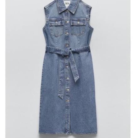 ZARA NEW WOMAN SS23 MID-BLUE DENIM MIDI DRESS - Picture 1 of 6